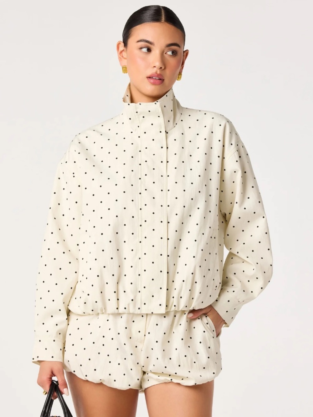 Astr Cream Bomber Jacket with Black Polka Dots